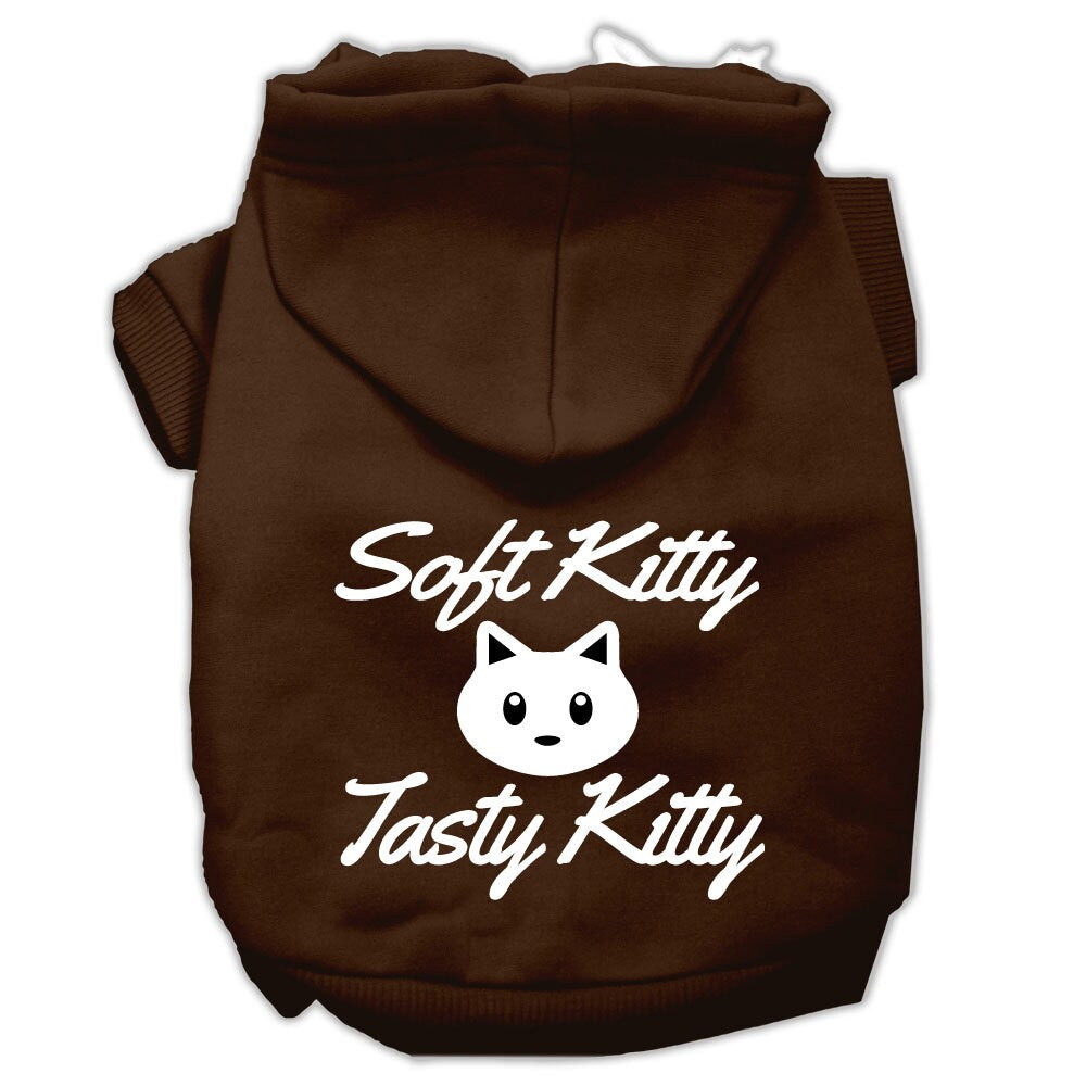 A cozy pet hoodie for dogs and cats, featuring the screen printed phrase 'Soft Kitty, Tasty Kitty', made from soft cotton and polyester blend.