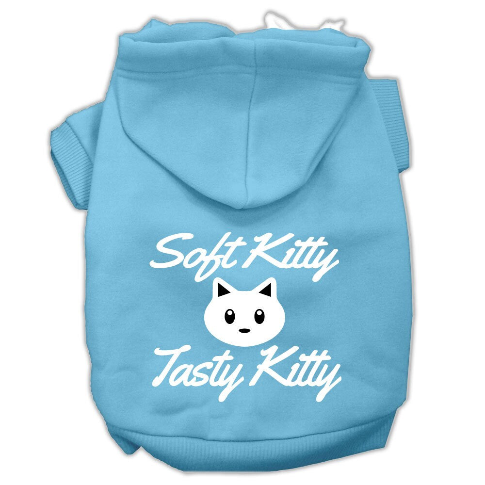A cozy pet hoodie for dogs and cats, featuring the screen printed phrase 'Soft Kitty, Tasty Kitty', made from soft cotton and polyester blend.