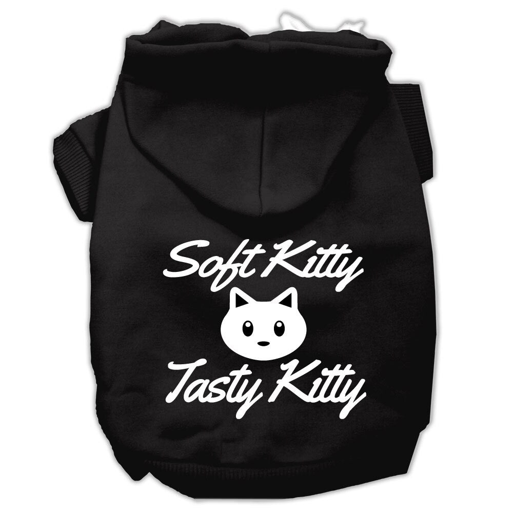A cozy pet hoodie for dogs and cats, featuring the screen printed phrase 'Soft Kitty, Tasty Kitty', made from soft cotton and polyester blend.