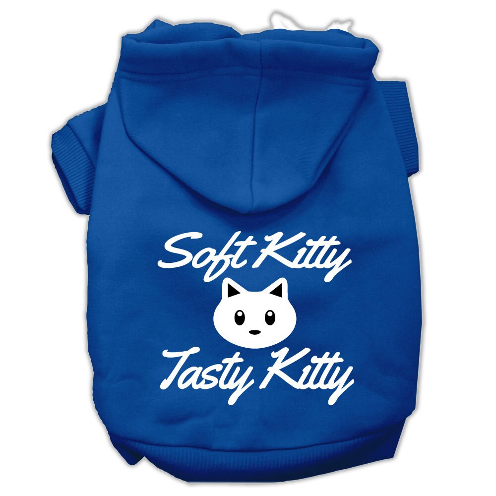 A cozy pet hoodie for dogs and cats, featuring the screen printed phrase 'Soft Kitty, Tasty Kitty', made from soft cotton and polyester blend.