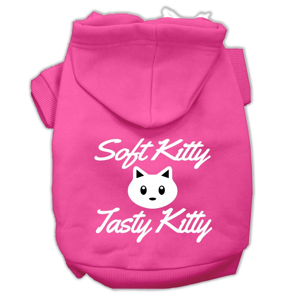 A cozy pet hoodie for dogs and cats, featuring the screen printed phrase 'Soft Kitty, Tasty Kitty', made from soft cotton and polyester blend.