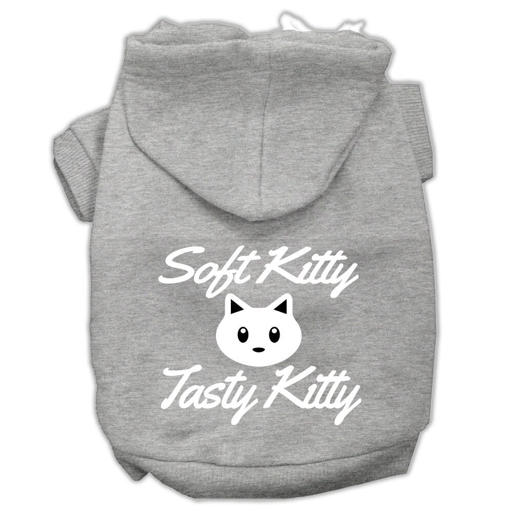 A cozy pet hoodie for dogs and cats, featuring the screen printed phrase 'Soft Kitty, Tasty Kitty', made from soft cotton and polyester blend.