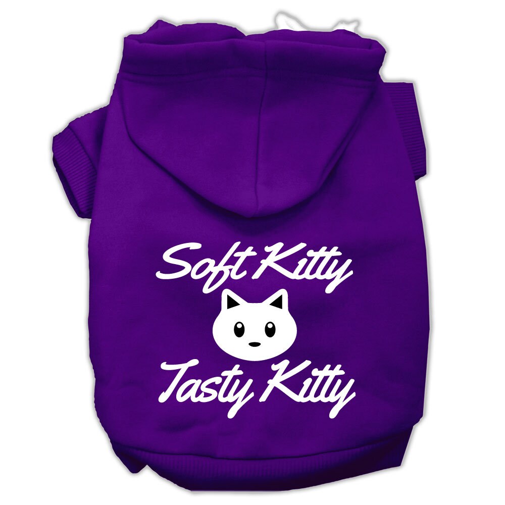 A cozy pet hoodie for dogs and cats, featuring the screen printed phrase 'Soft Kitty, Tasty Kitty', made from soft cotton and polyester blend.
