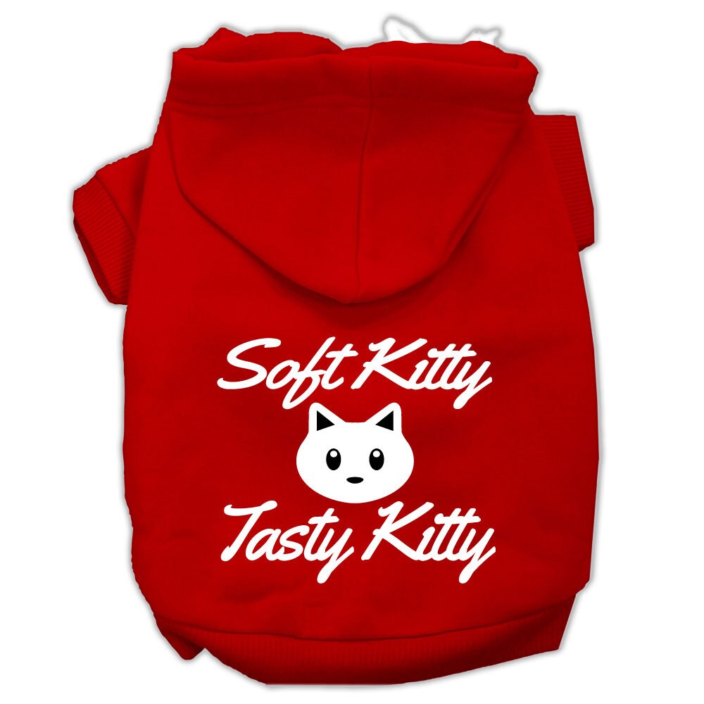 A cozy pet hoodie for dogs and cats, featuring the screen printed phrase 'Soft Kitty, Tasty Kitty', made from soft cotton and polyester blend.