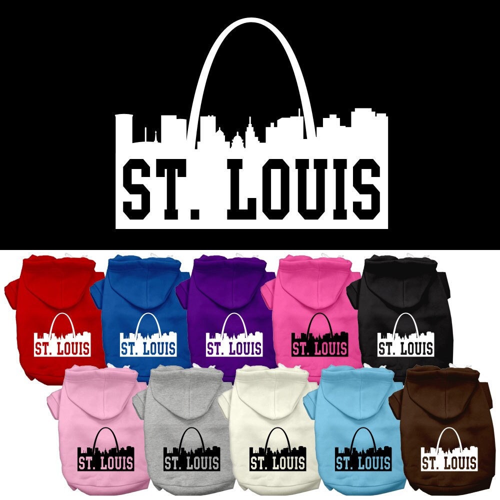 A cozy pet hoodie featuring a vibrant St. Louis skyline print, designed for dogs and cats, showcasing its soft fabric and durable stitching.