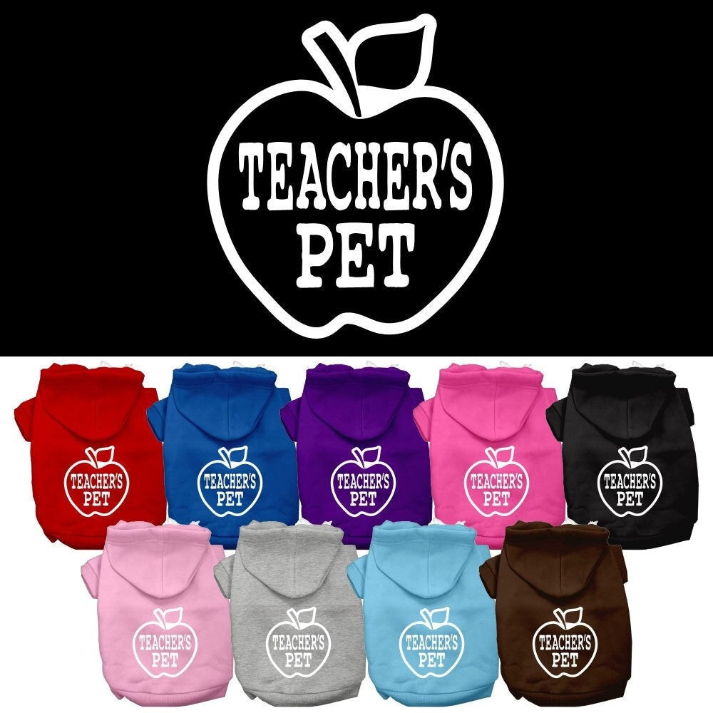 A cozy pet hoodie for dogs and cats, featuring the phrase 'Teacher's Pet' printed on the back, showcasing its soft fabric and durable stitching.