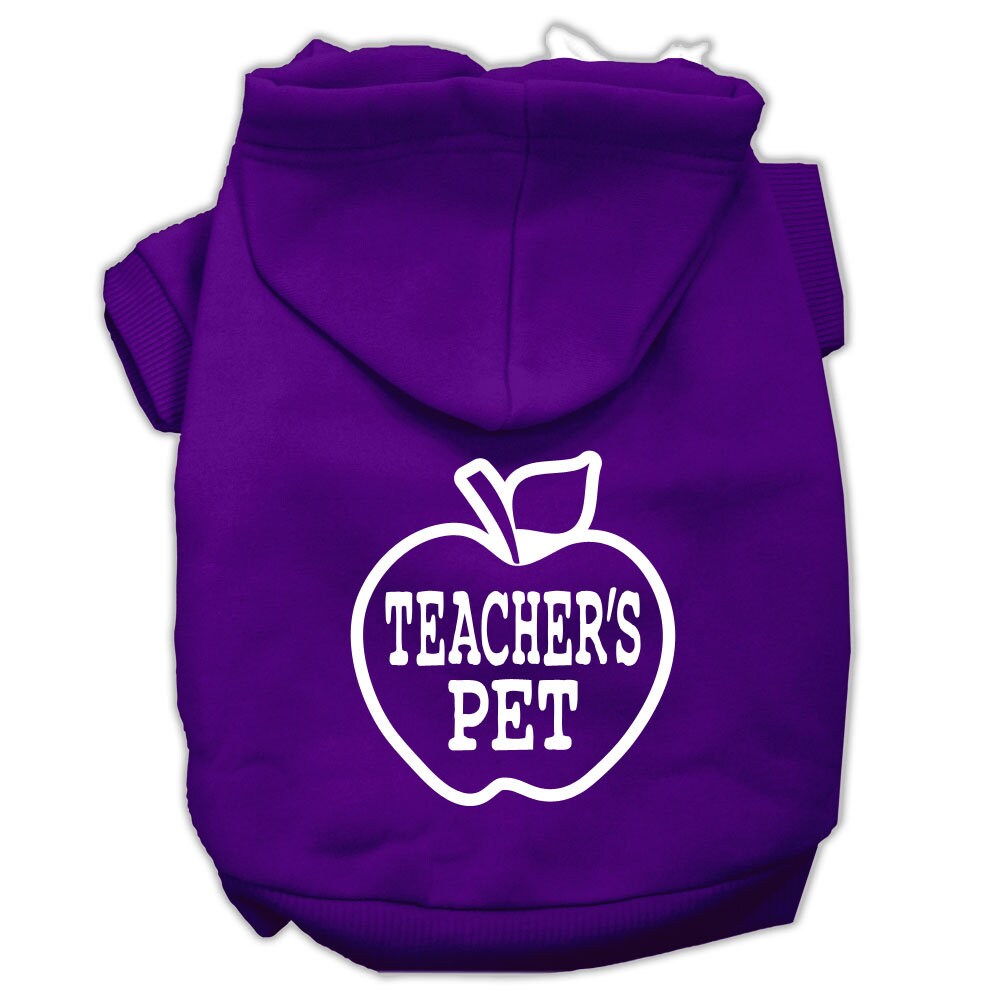 A cozy pet hoodie for dogs and cats, featuring the phrase 'Teacher's Pet' printed on the back, showcasing its soft fabric and durable stitching.