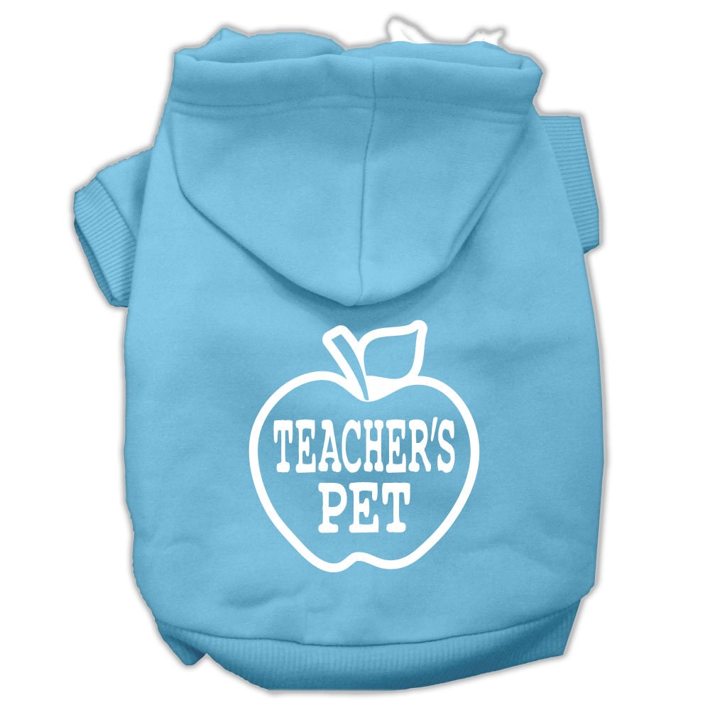 A cozy pet hoodie for dogs and cats, featuring the phrase 'Teacher's Pet' printed on the back, showcasing its soft fabric and durable stitching.