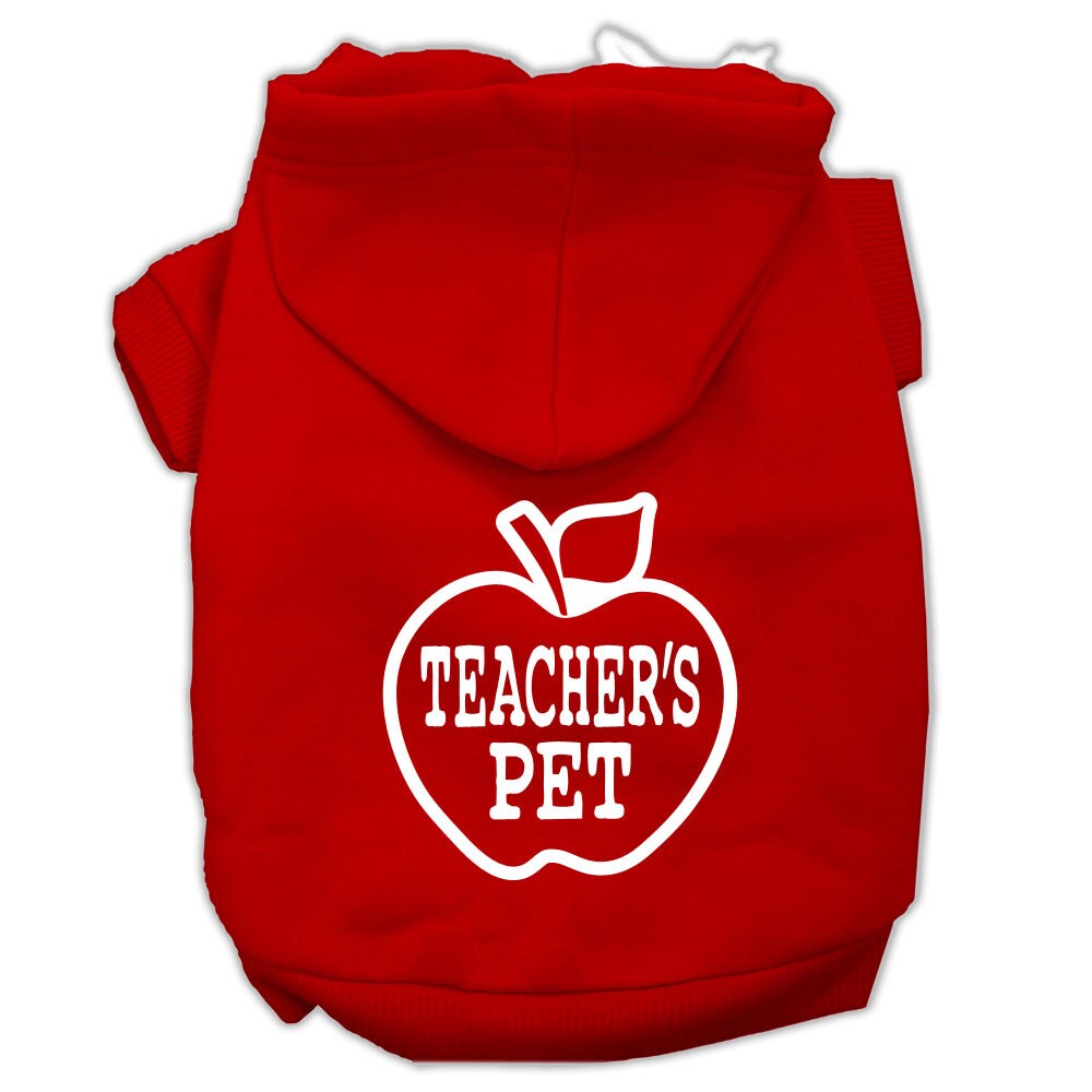 A cozy pet hoodie for dogs and cats, featuring the phrase 'Teacher's Pet' printed on the back, showcasing its soft fabric and durable stitching.