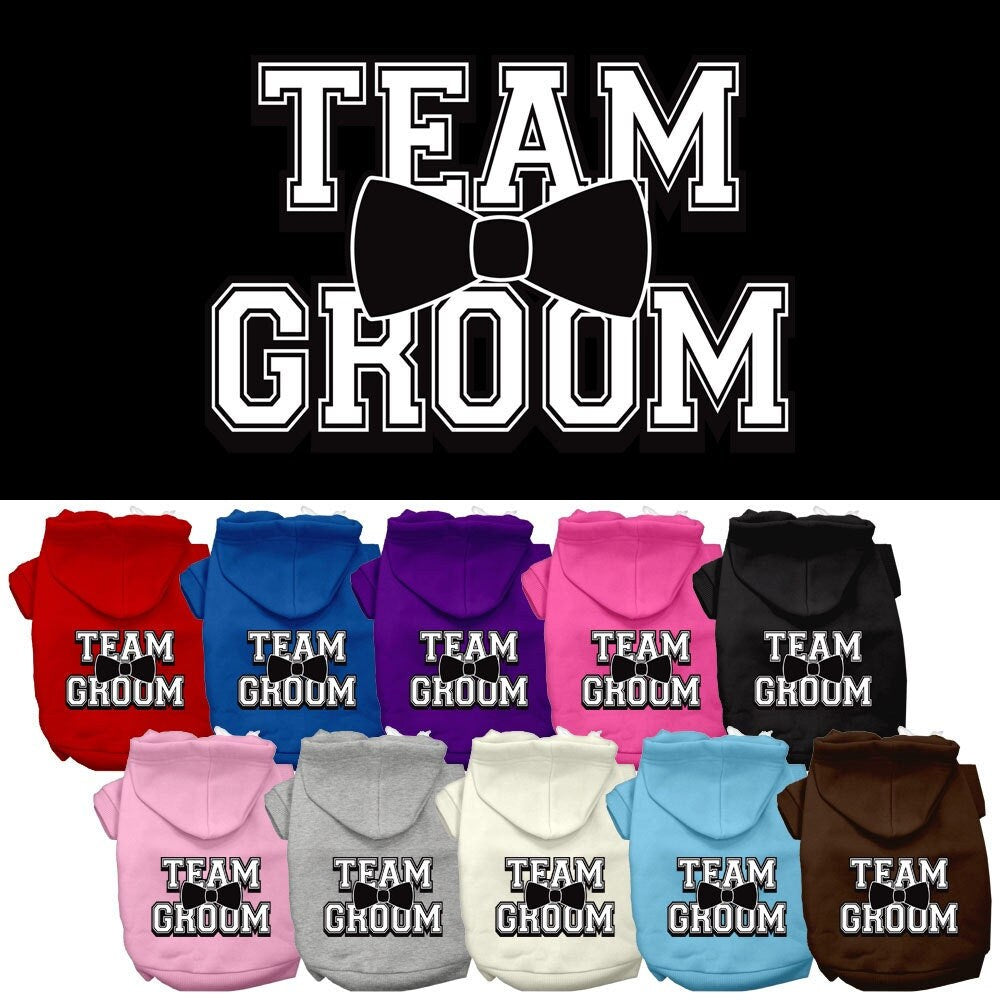 A cozy pet hoodie for dogs and cats, featuring the screen printed text 'Team Groom' in a stylish design, perfect for keeping pets warm.