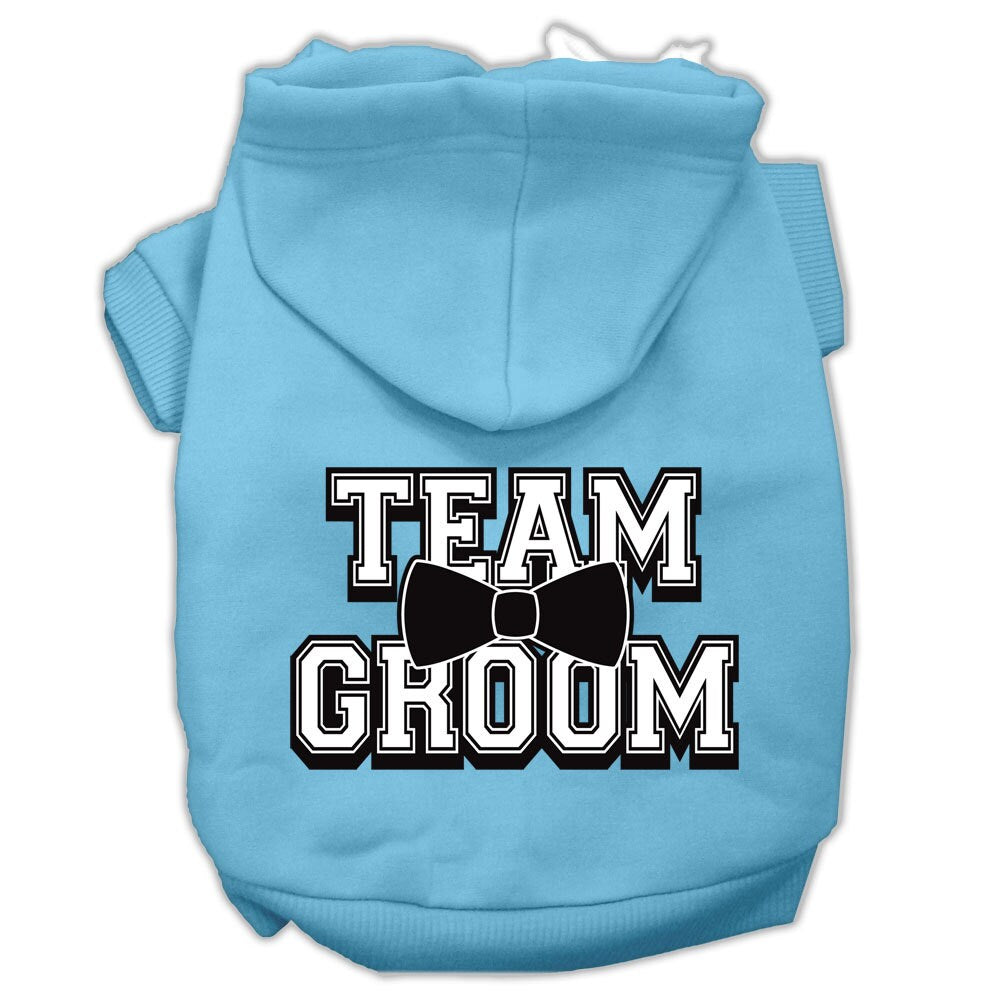 A cozy pet hoodie for dogs and cats, featuring the screen printed text 'Team Groom' in a stylish design, perfect for keeping pets warm.