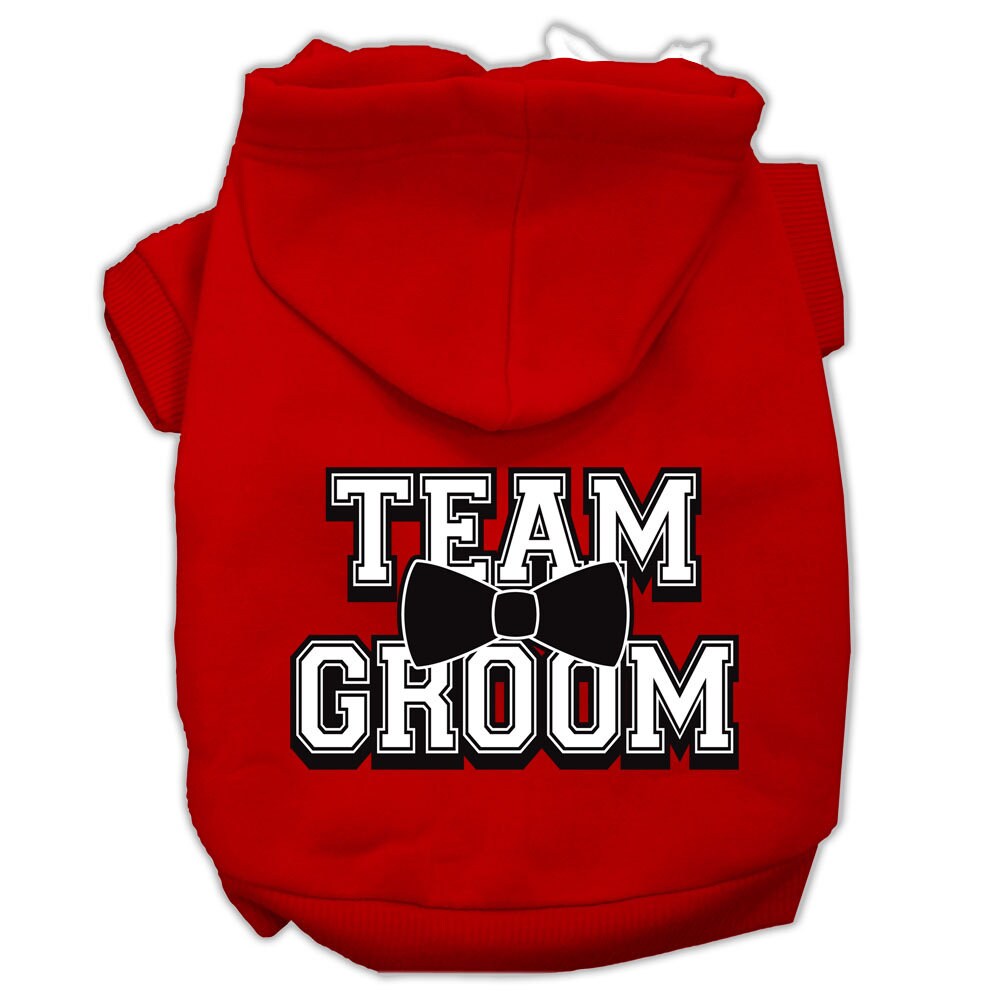 A cozy pet hoodie for dogs and cats, featuring the screen printed text 'Team Groom' in a stylish design, perfect for keeping pets warm.