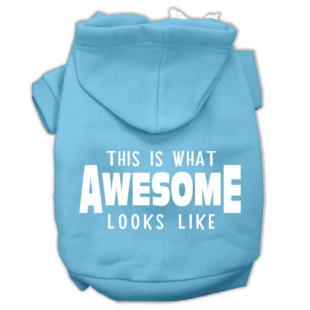 A stylish pet hoodie for dogs and cats, featuring the phrase 'This Is What Awesome Looks Like' in vibrant print, showcasing its soft fabric and durable design.