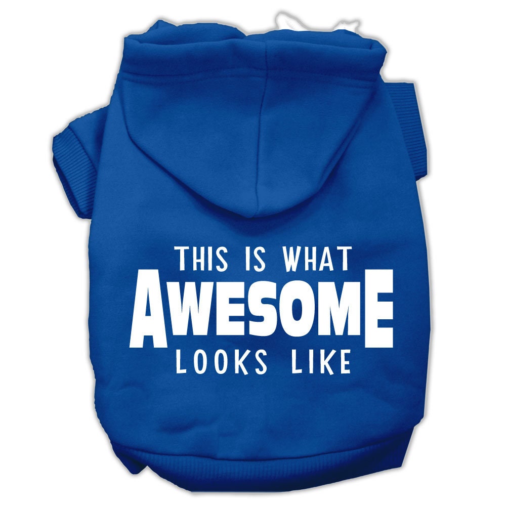 A stylish pet hoodie for dogs and cats, featuring the phrase 'This Is What Awesome Looks Like' in vibrant print, showcasing its soft fabric and durable design.