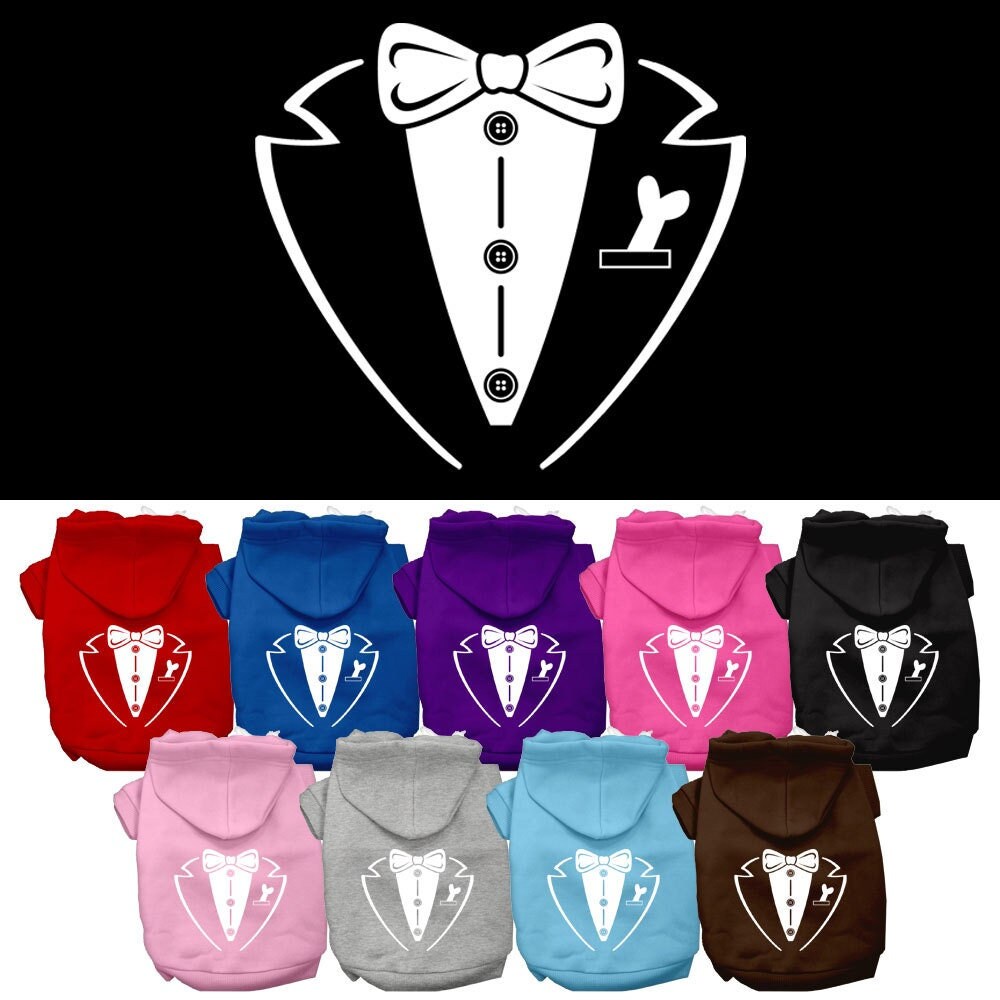 A stylish pet hoodie for dogs and cats, featuring a tuxedo design, soft fabric, and a convenient leash access hole.
