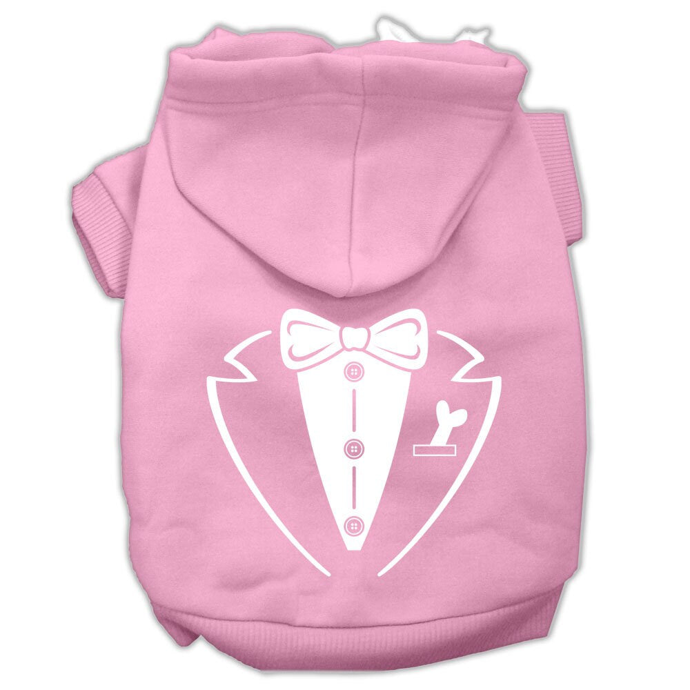 A stylish pet hoodie for dogs and cats, featuring a tuxedo design, soft fabric, and a convenient leash access hole.
