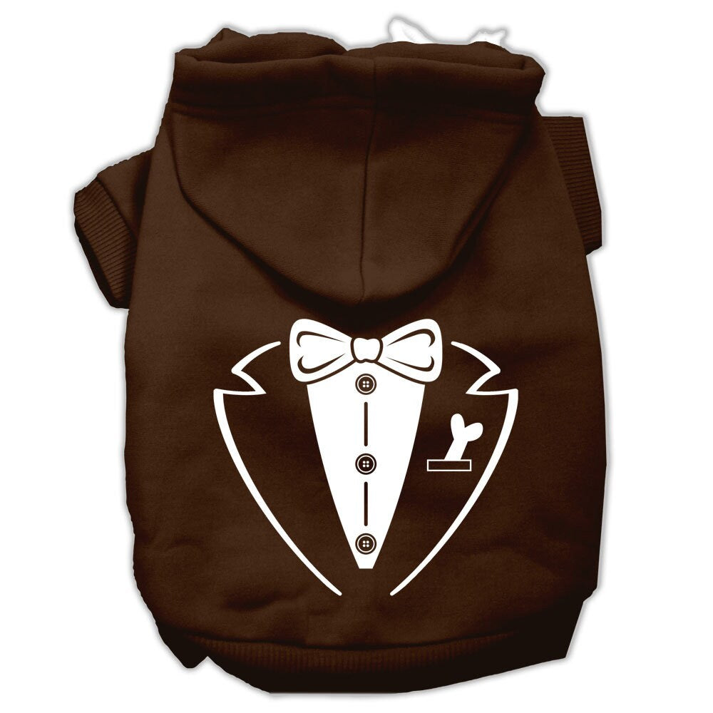 A stylish pet hoodie for dogs and cats, featuring a tuxedo design, soft fabric, and a convenient leash access hole.