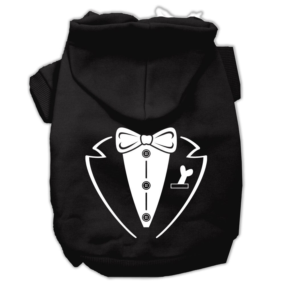 A stylish pet hoodie for dogs and cats, featuring a tuxedo design, soft fabric, and a convenient leash access hole.