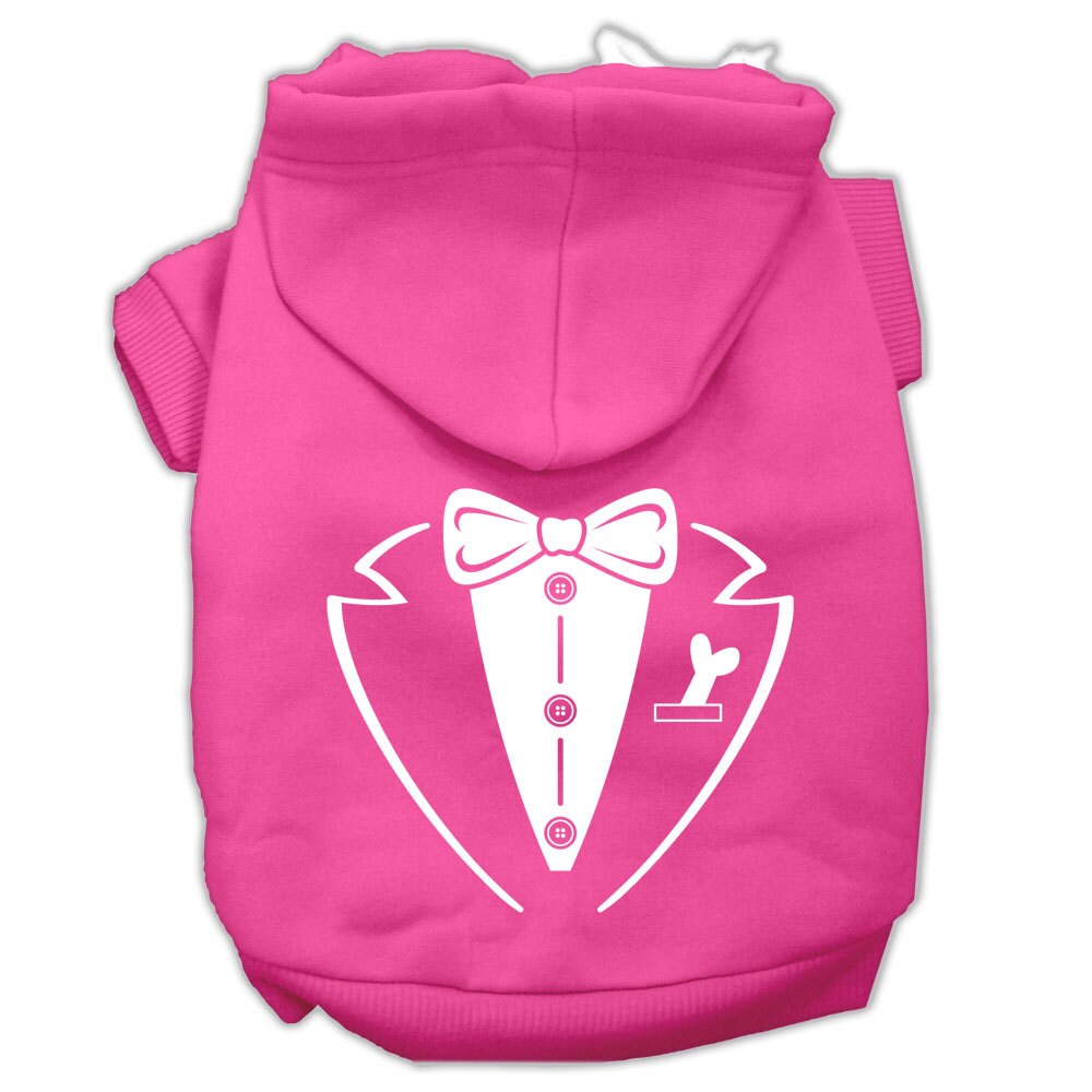 A stylish pet hoodie for dogs and cats, featuring a tuxedo design, soft fabric, and a convenient leash access hole.
