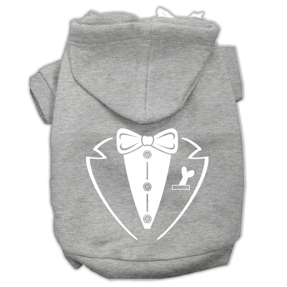 A stylish pet hoodie for dogs and cats, featuring a tuxedo design, soft fabric, and a convenient leash access hole.