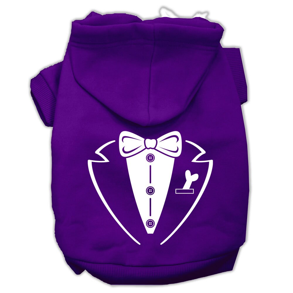 A stylish pet hoodie for dogs and cats, featuring a tuxedo design, soft fabric, and a convenient leash access hole.