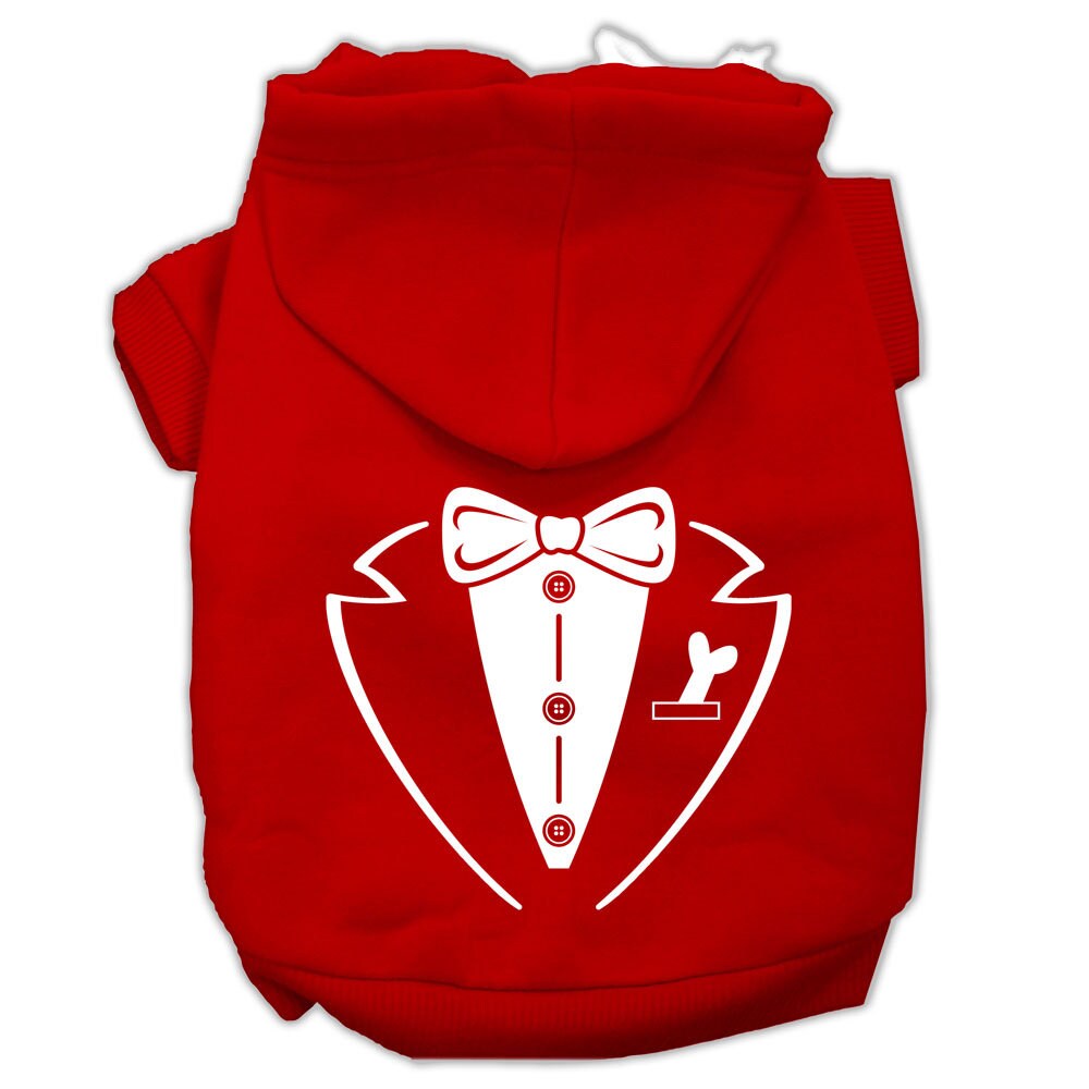 A stylish pet hoodie for dogs and cats, featuring a tuxedo design, soft fabric, and a convenient leash access hole.