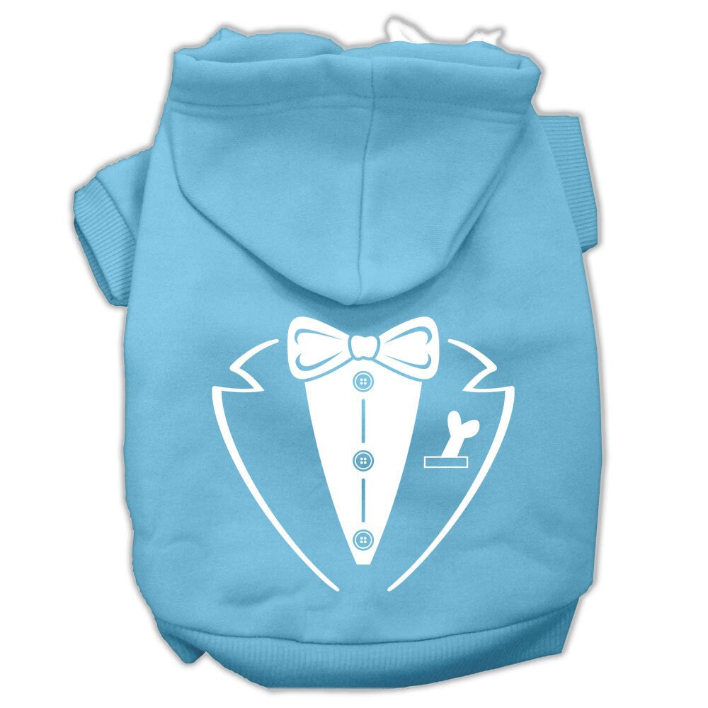 A stylish pet hoodie for dogs and cats, featuring a tuxedo design, soft fabric, and a convenient leash access hole.