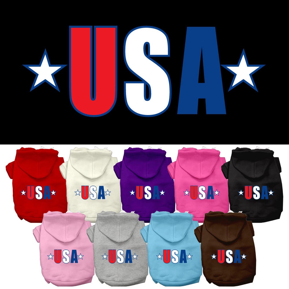 A soft and warm pet hoodie featuring a USA Star design, suitable for both dogs and cats, showcasing its durable double-stitched construction.