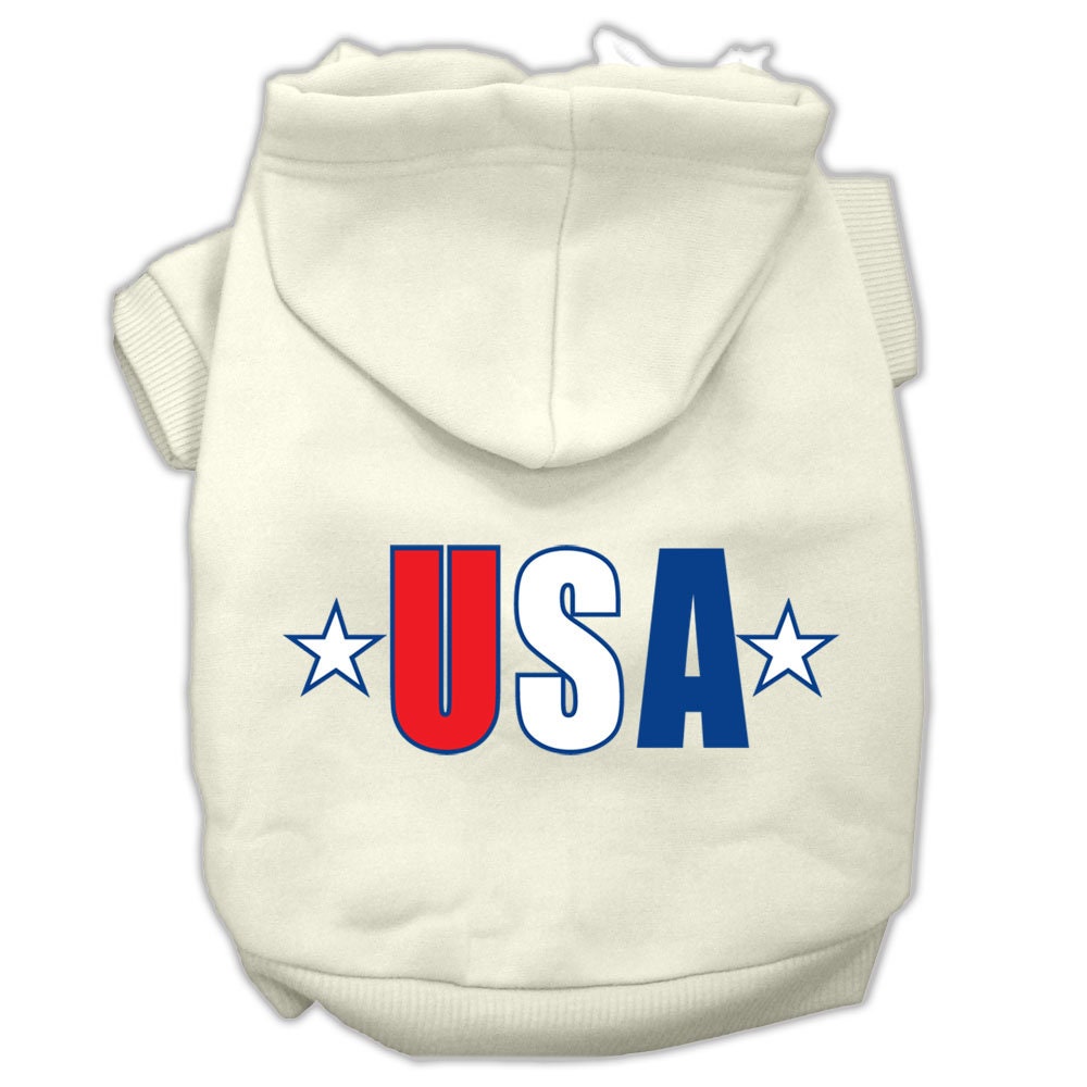 A soft and warm pet hoodie featuring a USA Star design, suitable for both dogs and cats, showcasing its durable double-stitched construction.