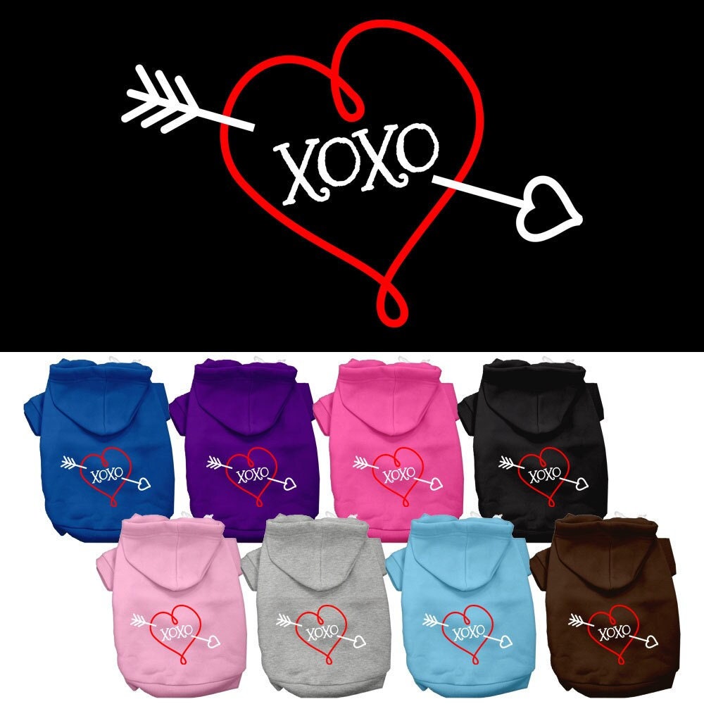 A cozy pet hoodie for dogs and cats, featuring a stylish 'XOXO' screen print, made from a soft cotton-polyester blend.