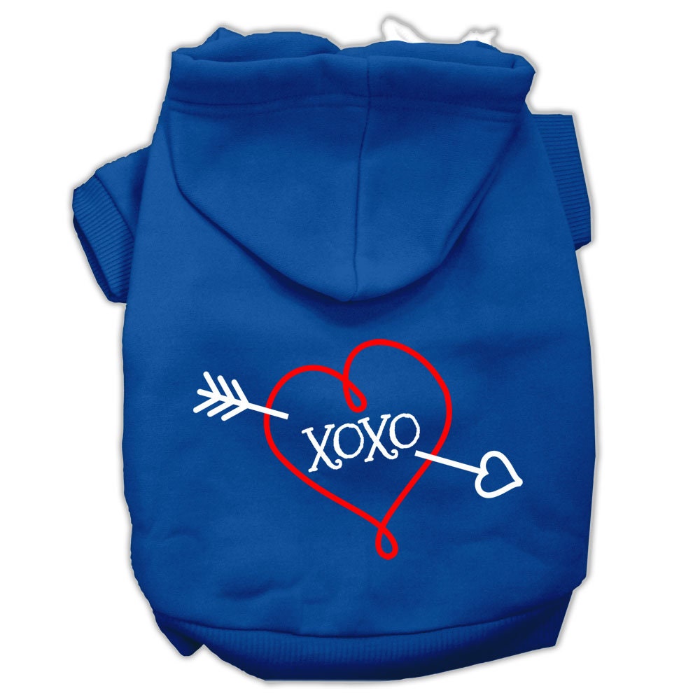 A cozy pet hoodie for dogs and cats, featuring a stylish 'XOXO' screen print, made from a soft cotton-polyester blend.