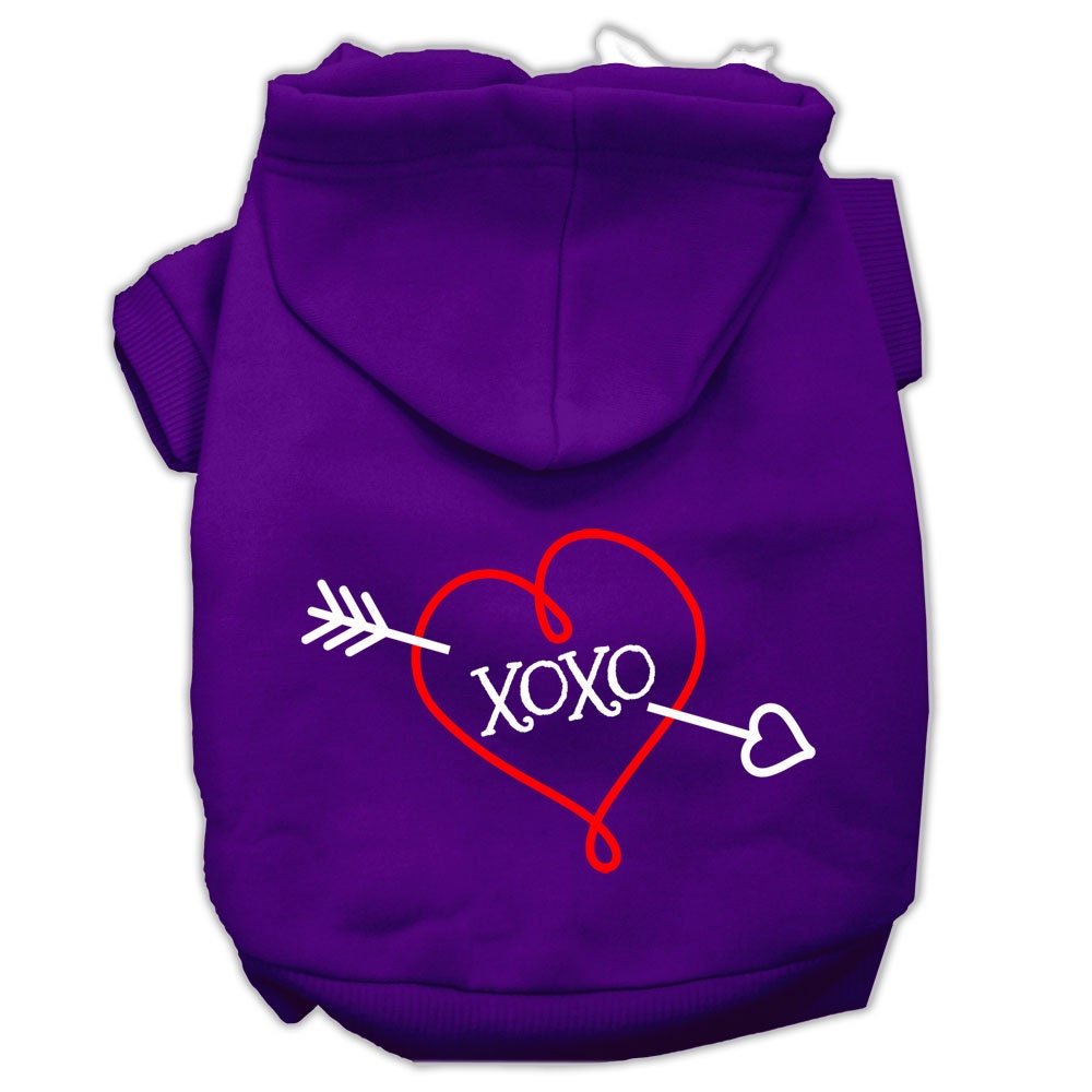 A cozy pet hoodie for dogs and cats, featuring a stylish 'XOXO' screen print, made from a soft cotton-polyester blend.