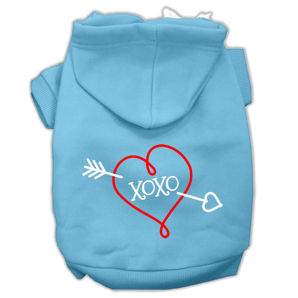 A cozy pet hoodie for dogs and cats, featuring a stylish 'XOXO' screen print, made from a soft cotton-polyester blend.