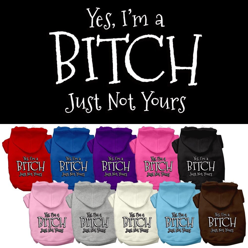 A cozy pet hoodie for dogs and cats, featuring the humorous text 'Yes, I'm A Bitch, Just Not Yours' in a stylish design.