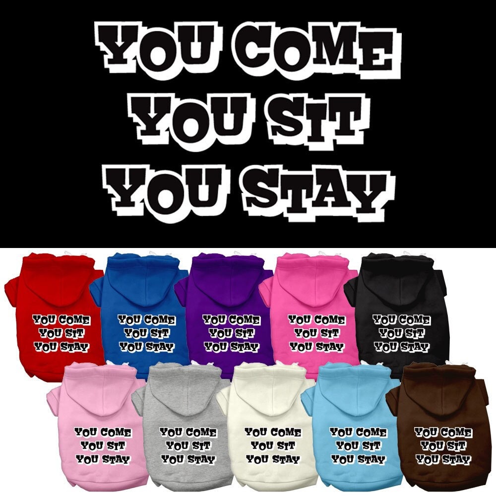 A cozy pet hoodie for dogs and cats, featuring the screen printed phrase 'You Come, You Sit, You Stay', made from soft cotton-polyester blend.