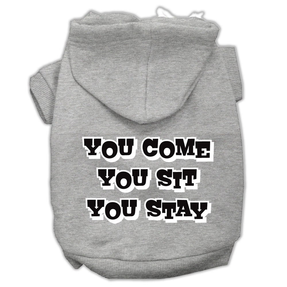 A cozy pet hoodie for dogs and cats, featuring the screen printed phrase 'You Come, You Sit, You Stay', made from soft cotton-polyester blend.