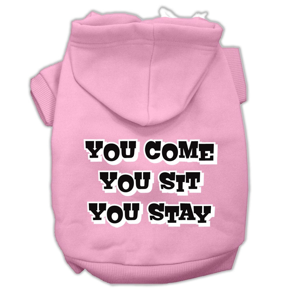 A cozy pet hoodie for dogs and cats, featuring the screen printed phrase 'You Come, You Sit, You Stay', made from soft cotton-polyester blend.