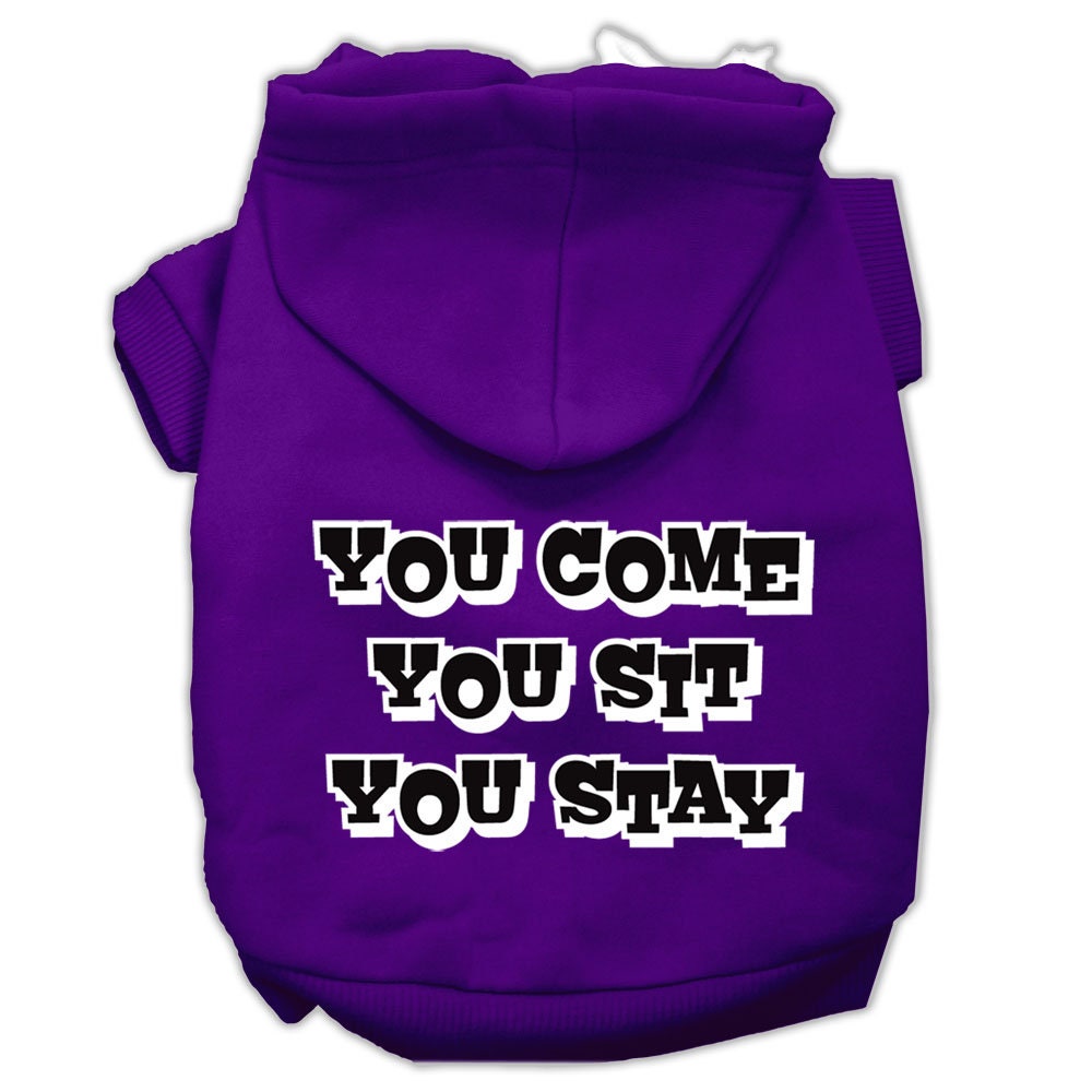 A cozy pet hoodie for dogs and cats, featuring the screen printed phrase 'You Come, You Sit, You Stay', made from soft cotton-polyester blend.
