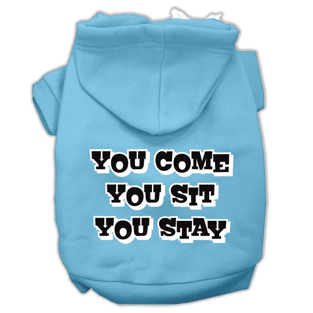 A cozy pet hoodie for dogs and cats, featuring the screen printed phrase 'You Come, You Sit, You Stay', made from soft cotton-polyester blend.