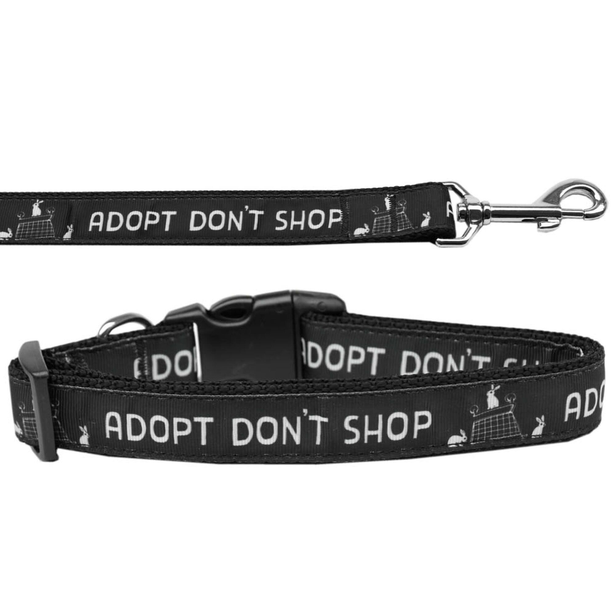 Durable nylon collar and leash for pets featuring 'Adopt Don't Shop' design, suitable for dogs and cats.