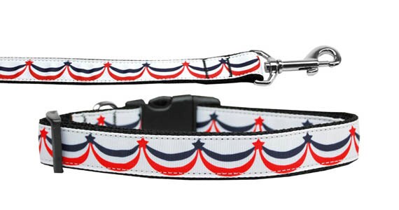 Stylish nylon collar and leash for pets featuring American Swag design, showcasing military-grade nylon and vibrant ribbon.