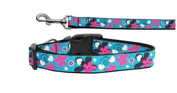 Aqua Love nylon collar and leash for pets, featuring a stylish ribbon design and durable military-grade nylon material.