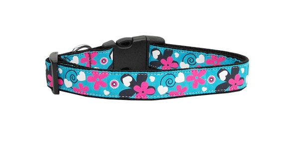 Aqua Love nylon collar and leash for pets, featuring a stylish ribbon design and durable military-grade nylon material.