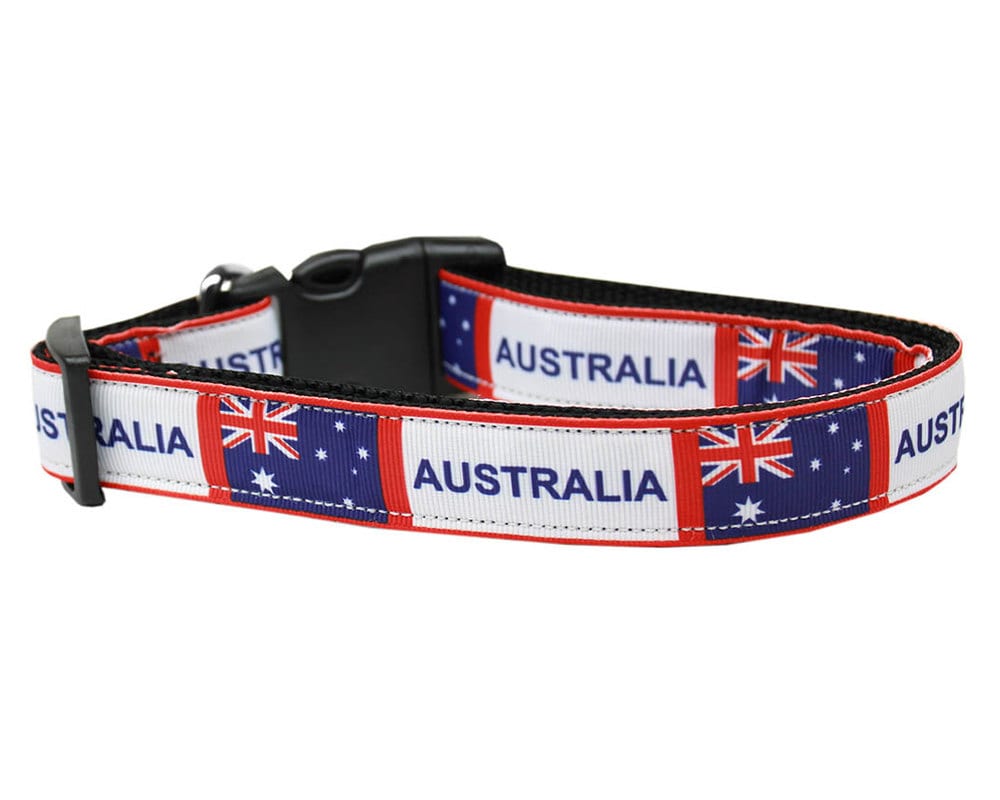 Pet dog and cat nylon collar and leash featuring the Australia Flag design, showcasing vibrant colors and durable construction.