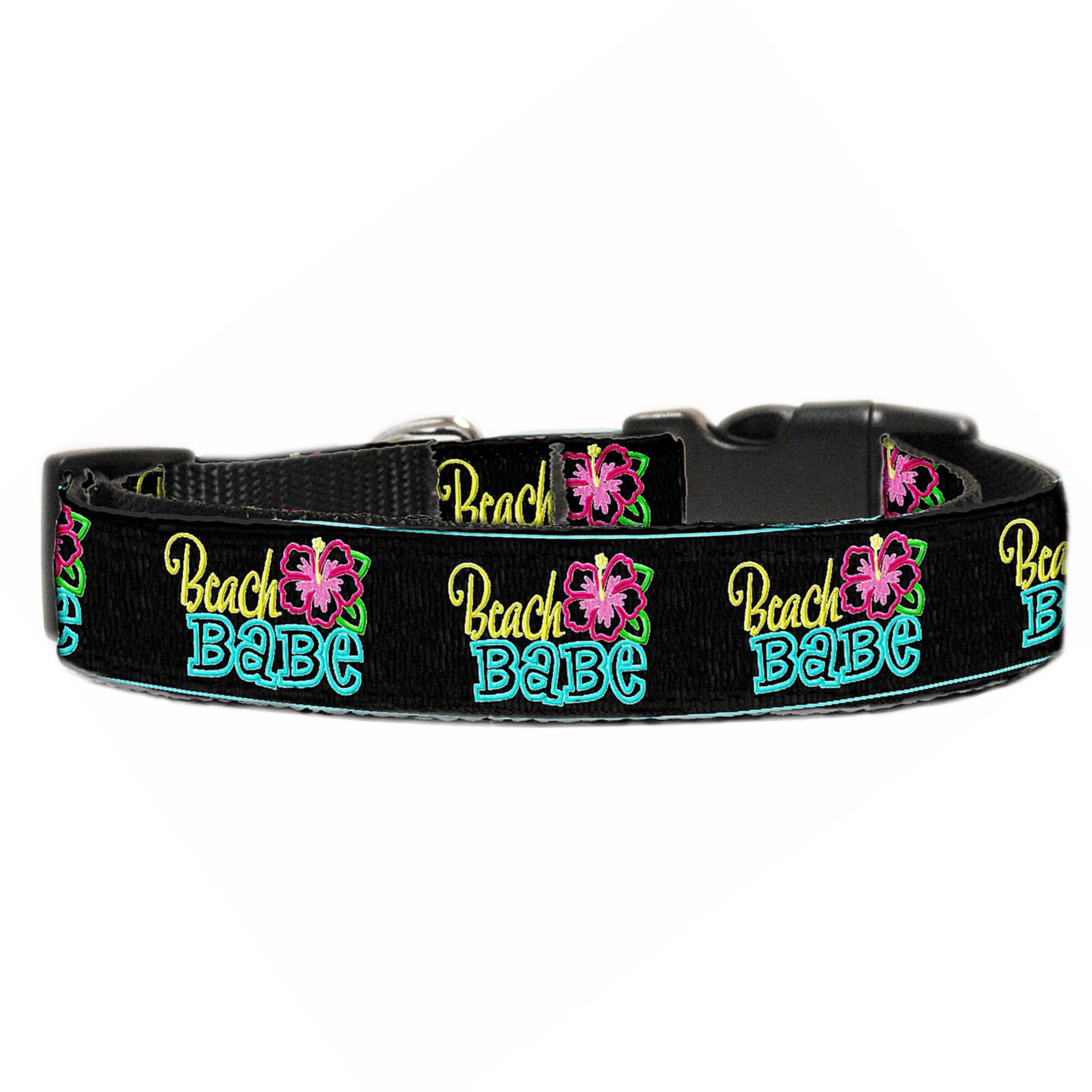 Stylish nylon collar and leash set for dogs and cats, featuring a vibrant beach-themed design.