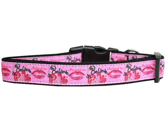 A stylish pink nylon collar and leash set for dogs and cats, featuring a durable design and high-quality ribbon stitching.