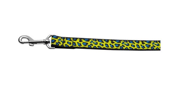 Blue and yellow leopard print nylon collar and leash for dogs and cats, showcasing its vibrant design and durable material.