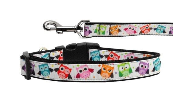 Colorful nylon collar and leash for pets featuring a bright owl design, suitable for dogs and cats.