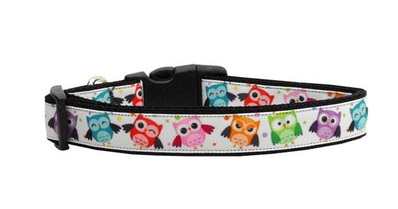 Colorful nylon collar and leash for pets featuring a bright owl design, suitable for dogs and cats.