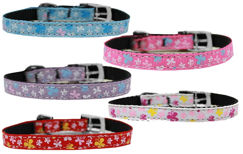 A stylish nylon collar and leash for pets featuring a butterfly design, showcasing durability and safety features.